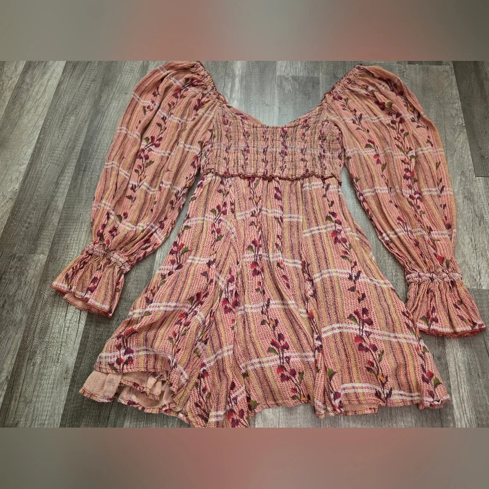 Free People Rust-Peach Floral Long Sleeve Mini Dress - Picture 12 of 15